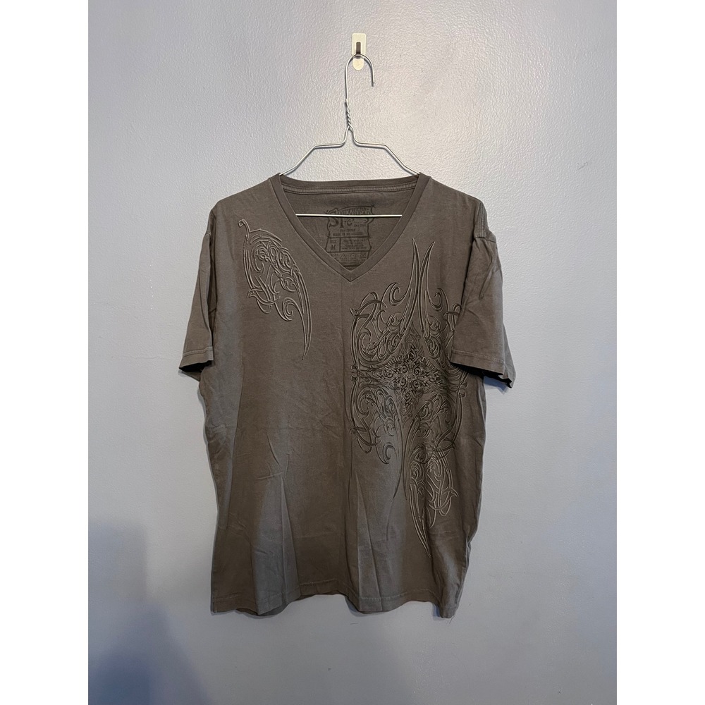 Southern Thread Gray V-Neck T-Shirt Y2K Tribal Artwork Grunge Gothic Biker SZ MD